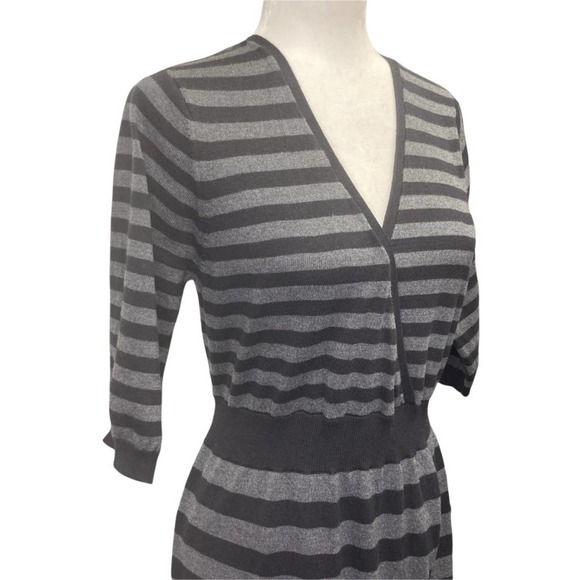 a.n.a Faux Wrap Surplice Black & Gray Striped 3/4 Sleeve Sweater Dress - Picture 2 of 9